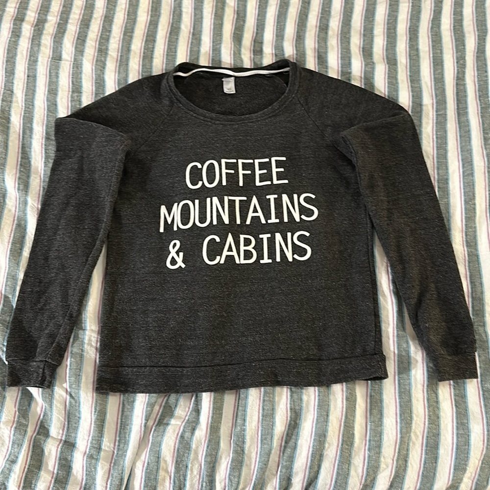 Women’s Coffee, Mountains & Cabins Sweater | Dark Heather Grey | Size XS